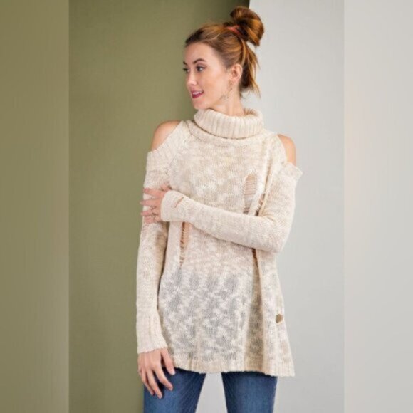 Easel | Bethany Distressed Destructed Cold Shoulder Sweater Tunic Cream Medium - Picture 4 of 14